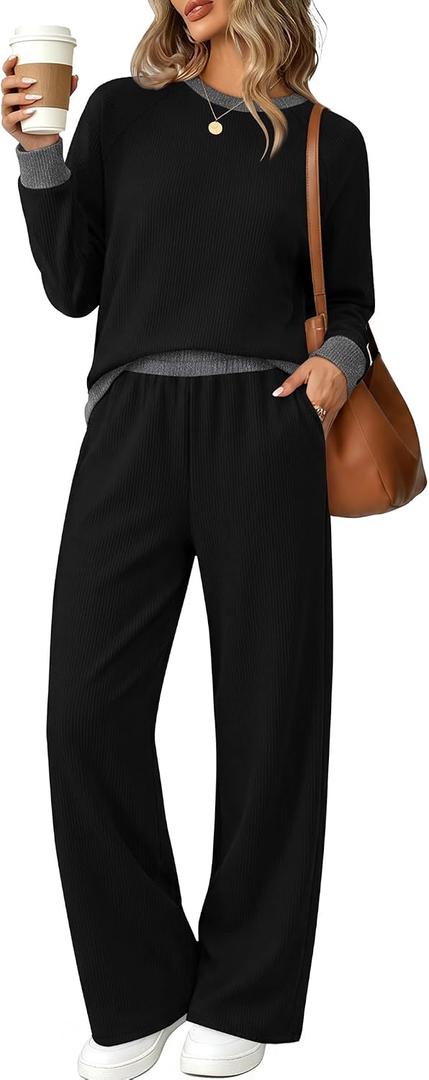 WIHOLL Two Piece Lounge Sets for Women Fall Travel Airport Vacation Outfits (Black, S)