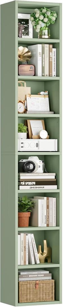 FOTOSOK 8-Tier Media Tower Rack, 11.6 X 9.3 X 70.9 Inches CD DVD Slim Storage Cabinet with Adjustable Shelves, Tall Narrow Bookcase Display Bookshelf for Home Office, Green