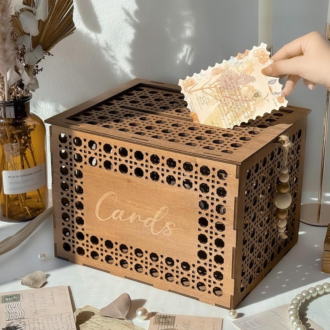 OurWarm Wooden Wedding Card Box with Slot, Vintage Gift Card Box for Party Reception, Hollow Rattan Pattern Rustic Envelope Money Card Box for Wedding Graduation Party Birthday Baby Shower Decor