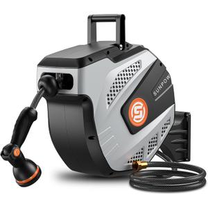 SUNPOW Retractable Garden Hose Reel - 1/2 inch x 50ft Wall Mounted Hose Reel with 3/4 inch Brass Fitting & 10 Function Sprayer Nozzle - Any Length Lock, Auto Rewind System, 180Swivel Bracket - Grey (1/2'' 50FT)