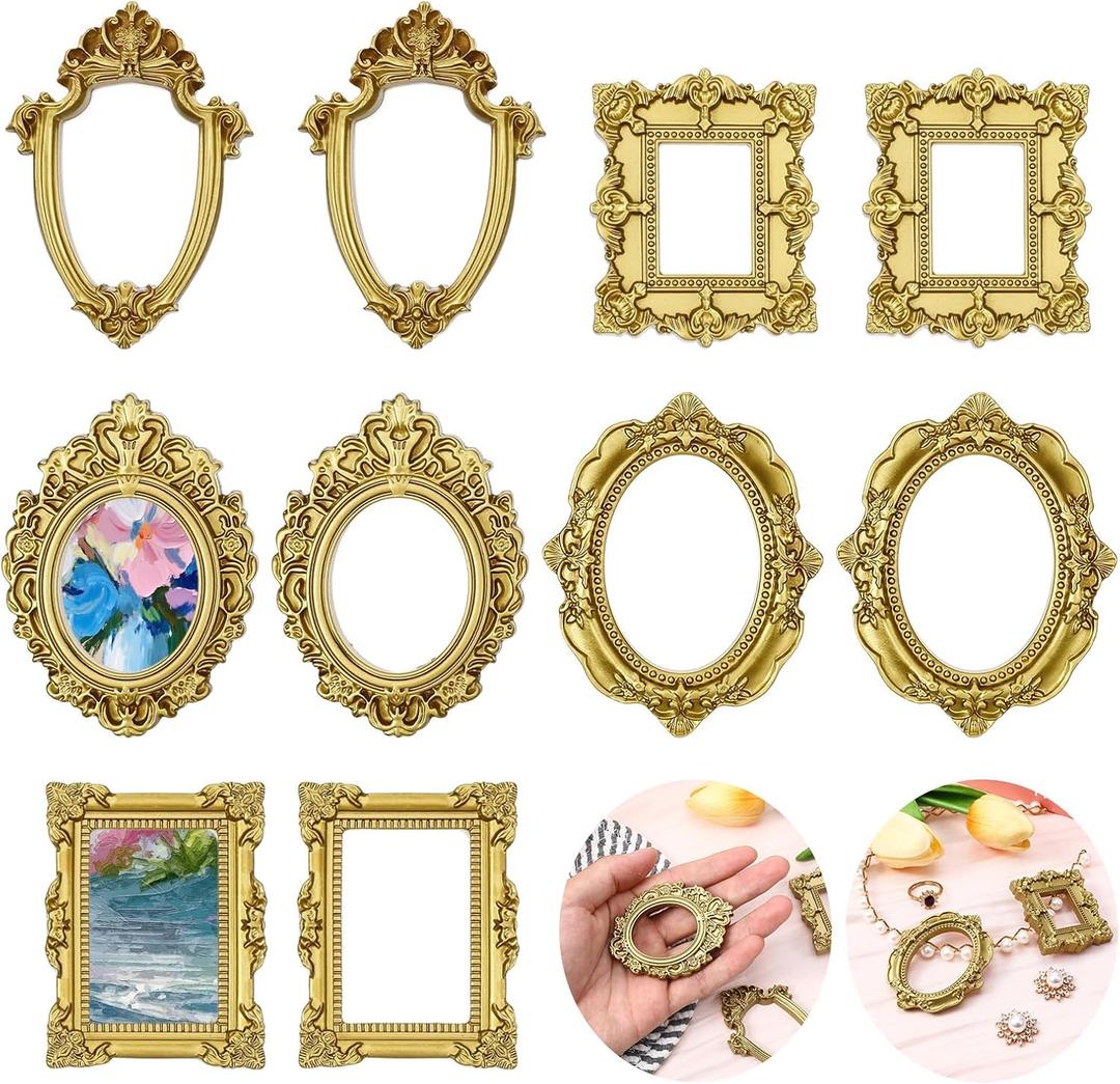 10 Pcs Mini Vintage Picture Frame Resin Antique Resin Photo Frames Small Oval Rectangle Wall Hanging Picture Frame Gold DIY Jewelry Display Decor for Photography Phone Party Christmas Wedding