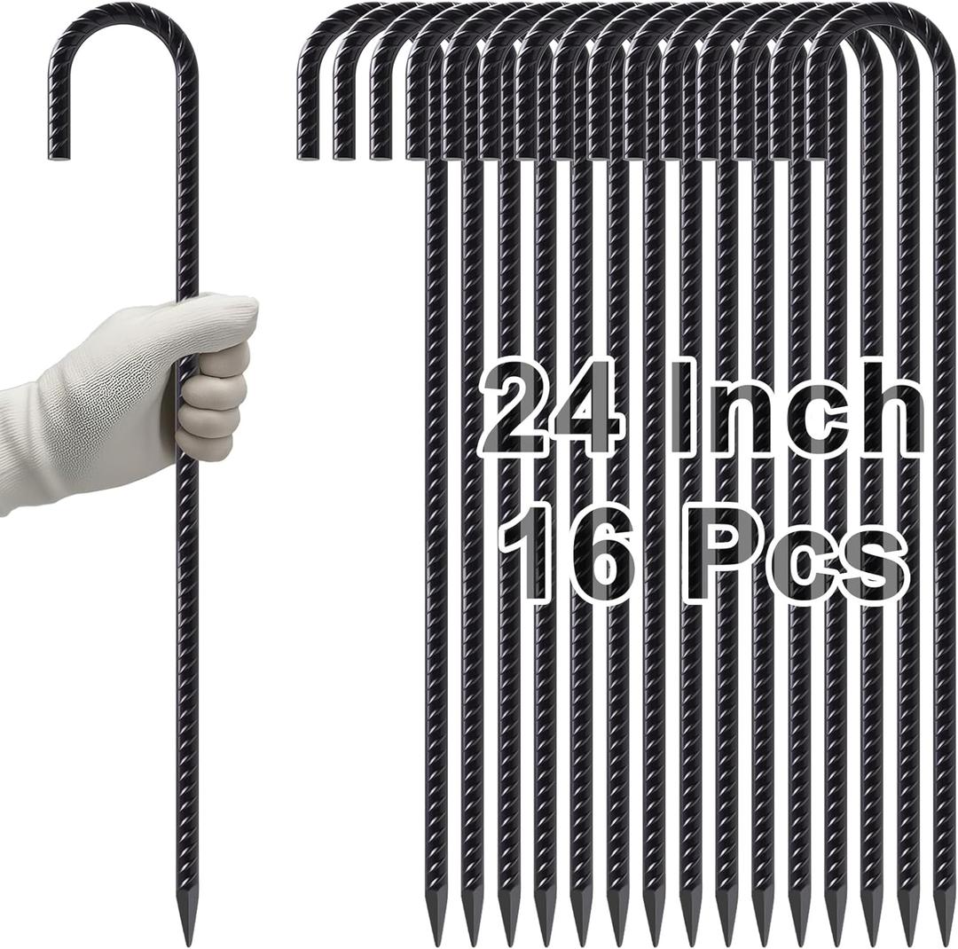 VVOKGO 24 Inches Rebar Stakes Heavy Duty J Hook, Curved Steel Plant Support Garden Stake with Chisel Point end, Hammer Through Hard Soil for Chain Link Fence and Gazebo - Black Coated 16pcs