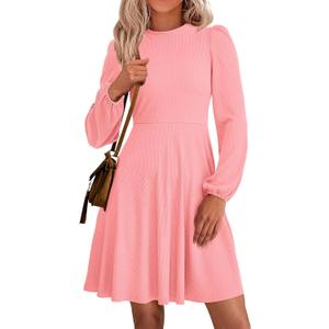 PRETTYGARDEN Womens A Line Long Sleeve Mini Dress | Soft Stretchy Ribbed Knit, Crew Neck High Waist, Flowy Babydoll Dresses with Pockets, Fall Fashion Party Going Out Wear (Pink, L)