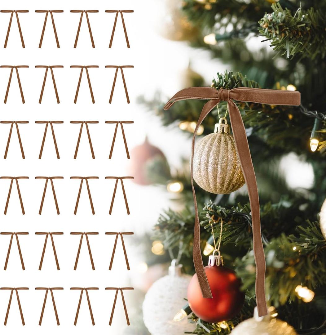 Utehilly Camel Vintage Velvet Bows Decorations Small Ornaments for Christmas Tree, Garland, Wreath, Door, Outdoor (24 Pcs, 5 * 7 Inch)