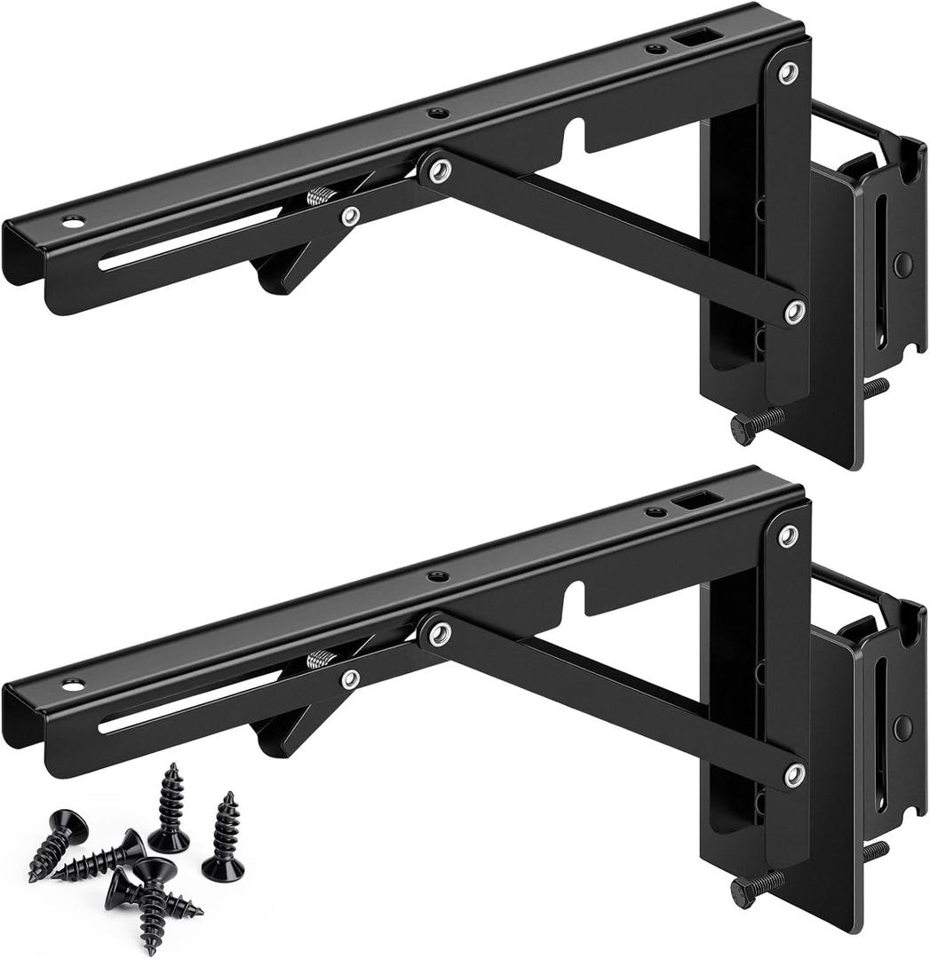 10 Inch E Track Shelf Brackets - E-Track Folding Bracket Etrack Accessories for DIY Collapsible Shelves Hinge Table Workbench in Enclosed Trailer, Garage, Van and Truck - Heavy Duty Metal Black 2 Pcs
