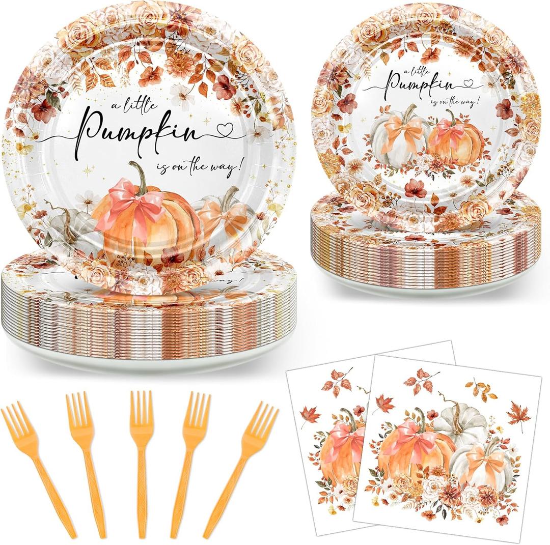 Avezano 96 pcs Fall Baby Shower Decorations Pumpkin Bow Plates and Napkins Disposable Tableware Set Watercolor Floral Little Pumpkin Baby Shower Decorations, Serves 24