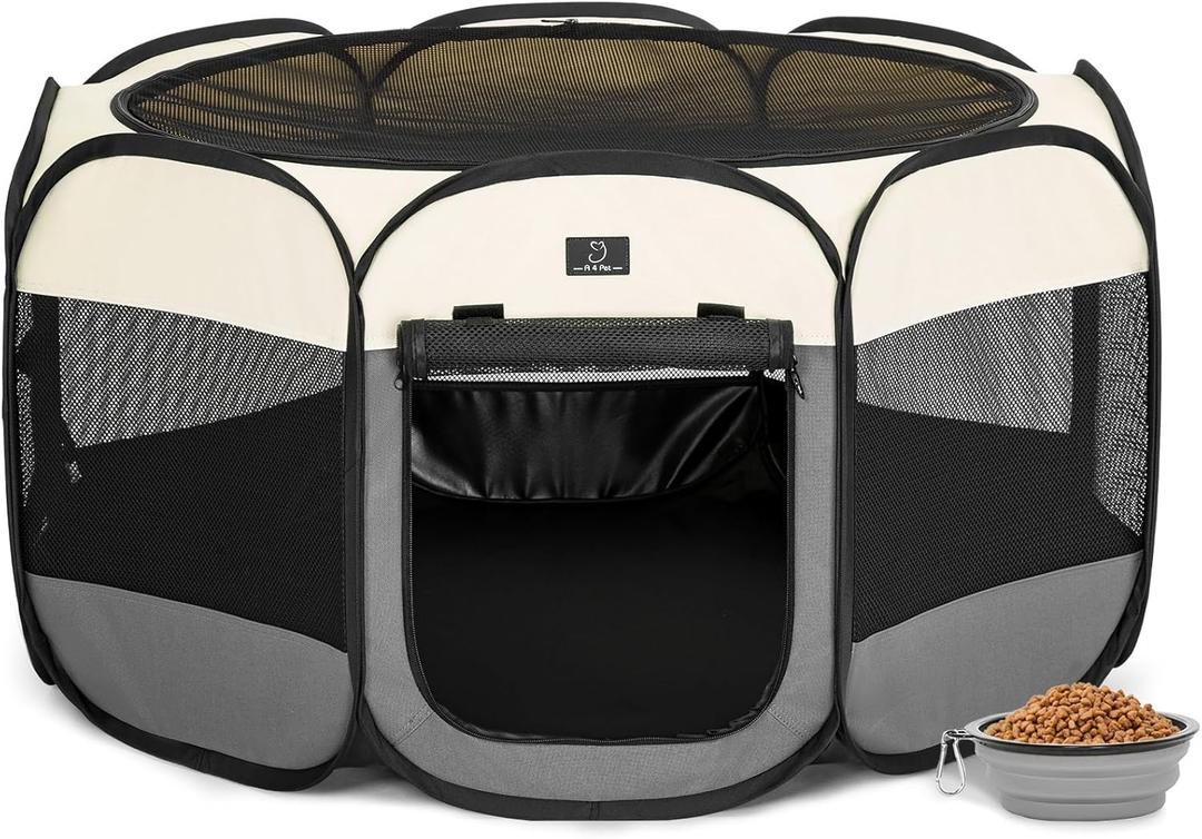 A4Pet Portable Dog Playpen, Pop Up Dog Playpen Indoor/Outdoor, Pet Playpen for Cats, Puppies - Removable Zipper & Collapsible Travel Bowl (Medium (39.5"x39.5"x20"), Grey+Beige)