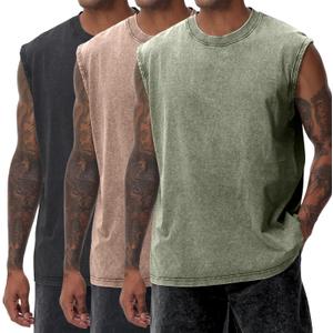 Yimoon Mens Tank Tops Workout Sleeveless Shirts Cotton Acid Wash Tees Loose Gym Muscle Shirts (Large, Black+khaki+army)