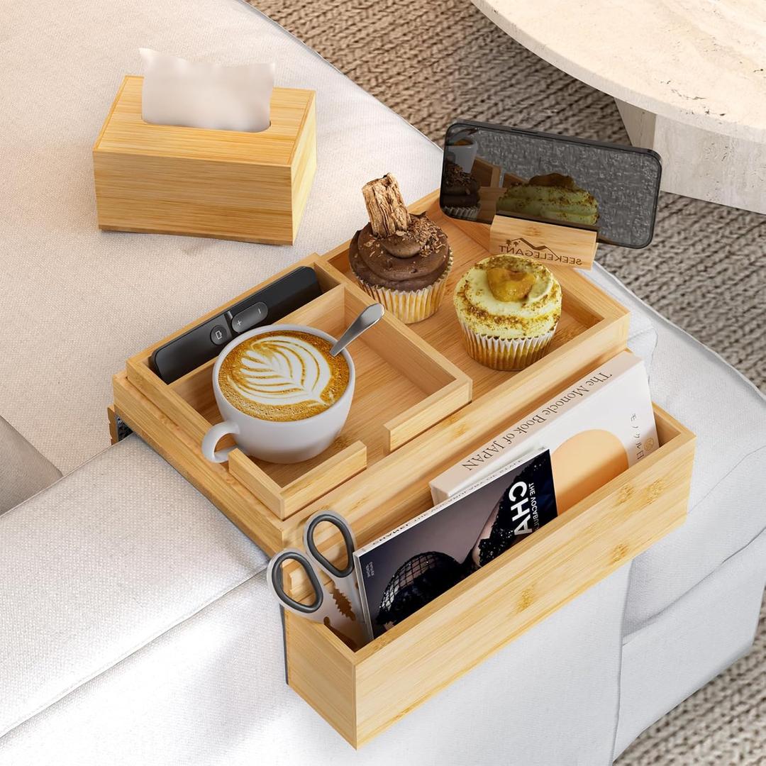 Large Bamboo Couch Arm Tray, 4 in 1 Magnetic Sofa Armrest Tray for Arm-7.87" Wide Living Room to Watch TV, Anti-Slip Couch Cup Holder & TV Trays for for Eating, Dinner or Laptop Tissue Phone (Natural)