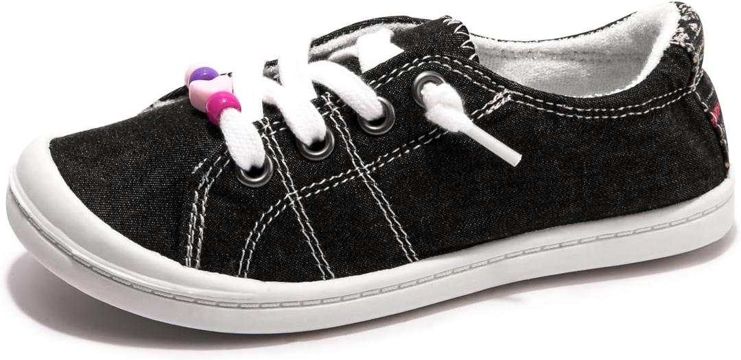 FUNKYMONKEY Girls Canvas Sneakers Lace up Lightweight Casual School Shoes for Toddler/Little Kids (Black), Size: 5 Toddler