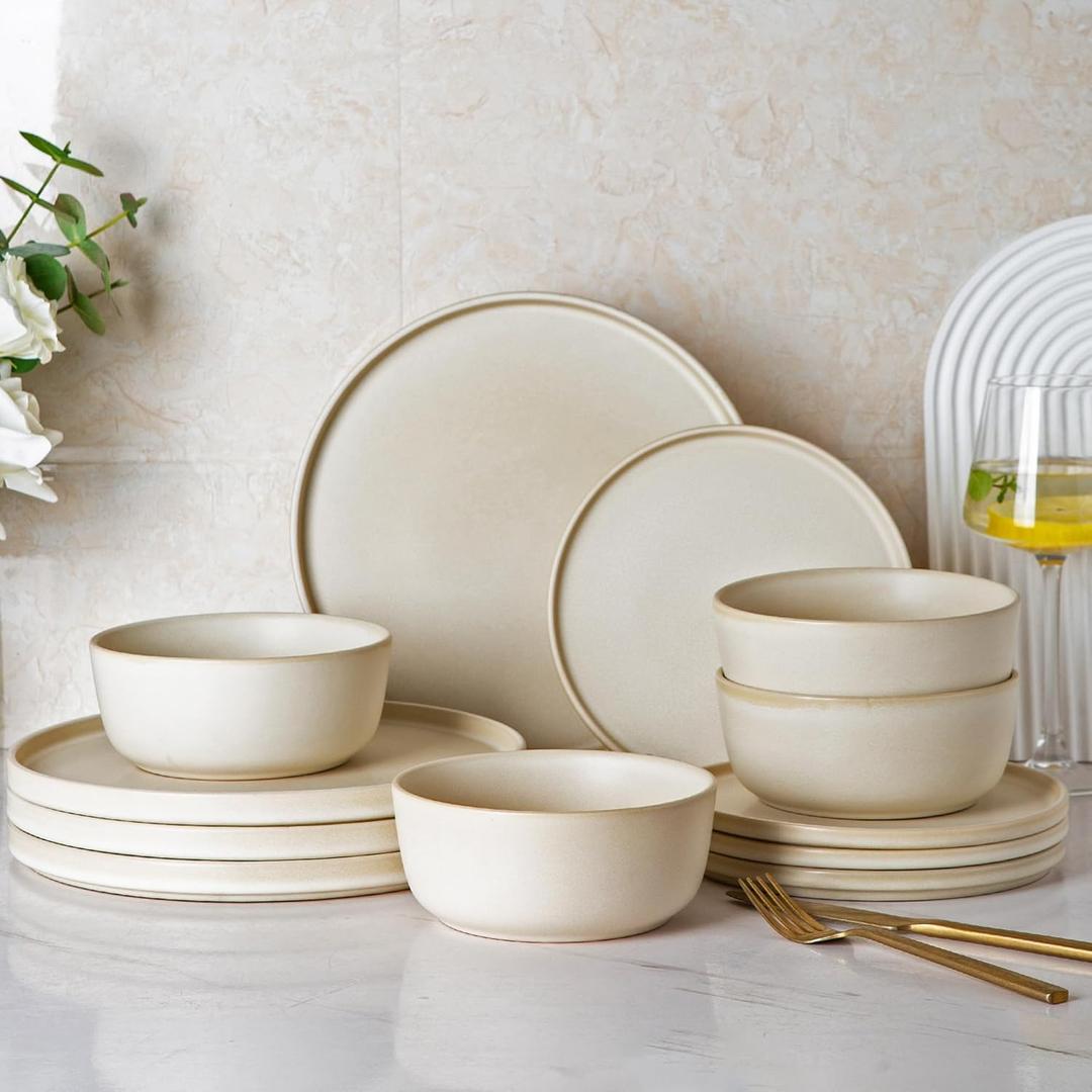 AmorArc Stoneware Dinnerware Sets for 4,Reactive Ceramic Plates and Bowls Set,Highly Chip and Crack Resistant | Dishwasher & Microwave Safe | Round Dishes Set Service for 4 (12pc)