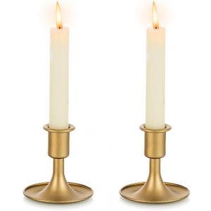 Gold Taper Candle Holder Set of 2, Hewory Short Skinny Brass Candlestick Holders, Vintage Small Low Metal Candles Sticks for Wedding Centerpieces Christmas Birthday Party Holiday Dinning Table Decor (Gold-2pcs)