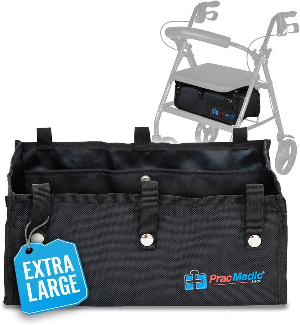 Extra Large Under Seat Rollator Bag Basket for Folding or Bariatric Walker, Rolling Walker Accessories for Seniors, Storage Bag for Medical Essentials, Oxygen Tank, Shopping by PracMedic Bags (Black)