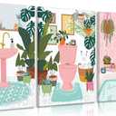 3pcs Pink Bathtub Plant Canvas Wall Art Maximalist Botanical Bathroom Wall Decor Pictures Pink Toilet Bathtub Sink Posters Prints Paintins for Washroom Artwork Home Decoration Ready To Hang