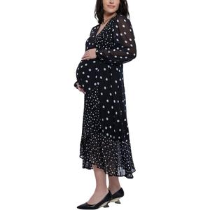 Motherhood Maternity Womens Long Sleeve Wrap Flounce Midi Pregnancy Dress (Medium, Mixed Dot)