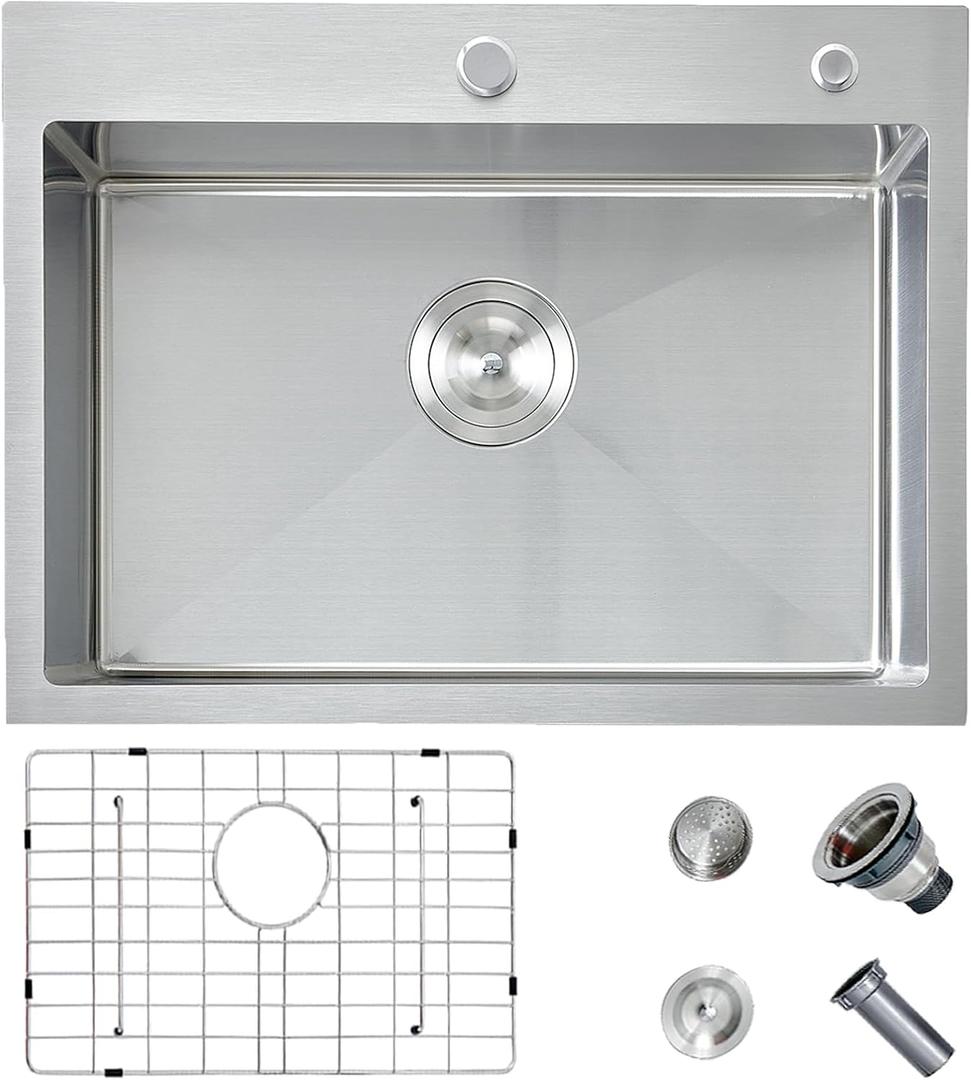 HOTIS 24 x 18 Inch Drop In Kitchen Sink, Overmount 304 Stainless Steel RV Laundry Utility Sink, Topmount Extra-thick 16 Gauge Brushed Nickel Single Bowl Sink with Dish Grid & Drain