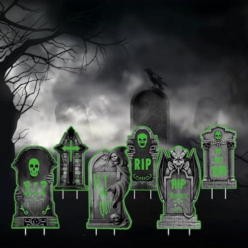 TeqHome Halloween Outdoor Yard Sign Decorations, 6Pcs Tombstone Lawn Sign with 6pcs Stakes, Halloween Yard Stakes for Horror Theme Party Halloween Decor (Tombstone)