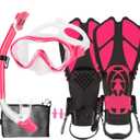 Kids Mask Fins Snorkel Set Snorkeling Packages, with Diving Mask, Snorkel, Adjustable Swim Fins, Mesh Bag, Anti-Fog Anti-Leak Snorkeling Gear for Kids for Snorkeling Swimming Diving (Light Pink)