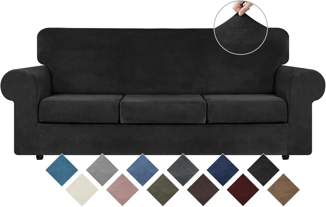 WEERRW 4 Pieces Velvet High Stretch Couch Covers for 3 Cushion Couch Sofa Slipcovers, Washable Furniture Protector with Non Slip Elastic Bottom, Feature Soft and Thick Plush Fabric, Black, Large