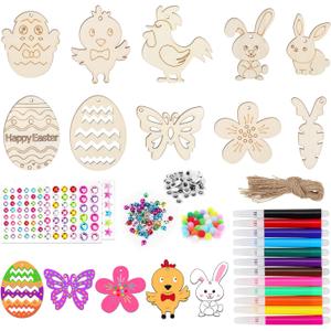 60pcs Easter Wooden Hanging Decorations, 10 Designs Unfinished Wood Bunny Ornament to Paint Egg Wood Cutout Slices Pendants & Pom Poms Stickers Cords Marker for Kids Craft DIY Easter Tree Party Favors