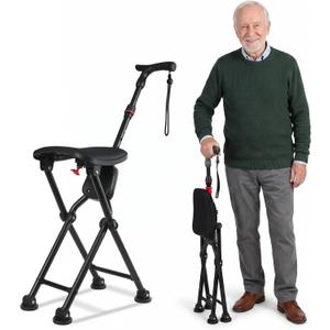 Folding Cane with Seat, 400 lbs Heavy Duty 4-Leg Walking Cane Chair, 35.63-38.39"