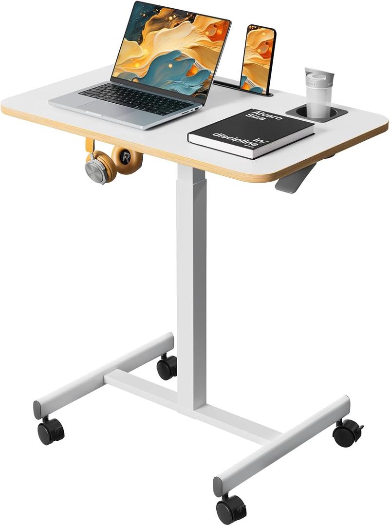 Mobile Standing Desk, Rolling Laptop Cart Adjustable Height with Cup Holder, 28 inch Portable Table with 4 Lockable Wheels, White Computer Workstation with Hook and Slots for Home Office Mobile Standing Desk, Rolling Laptop Cart Adjustable Height with Cup Holder, 28 inch Portable Table with 4 Lockable Wheels, White Computer Workstation with Hook and Slots for Home Office
