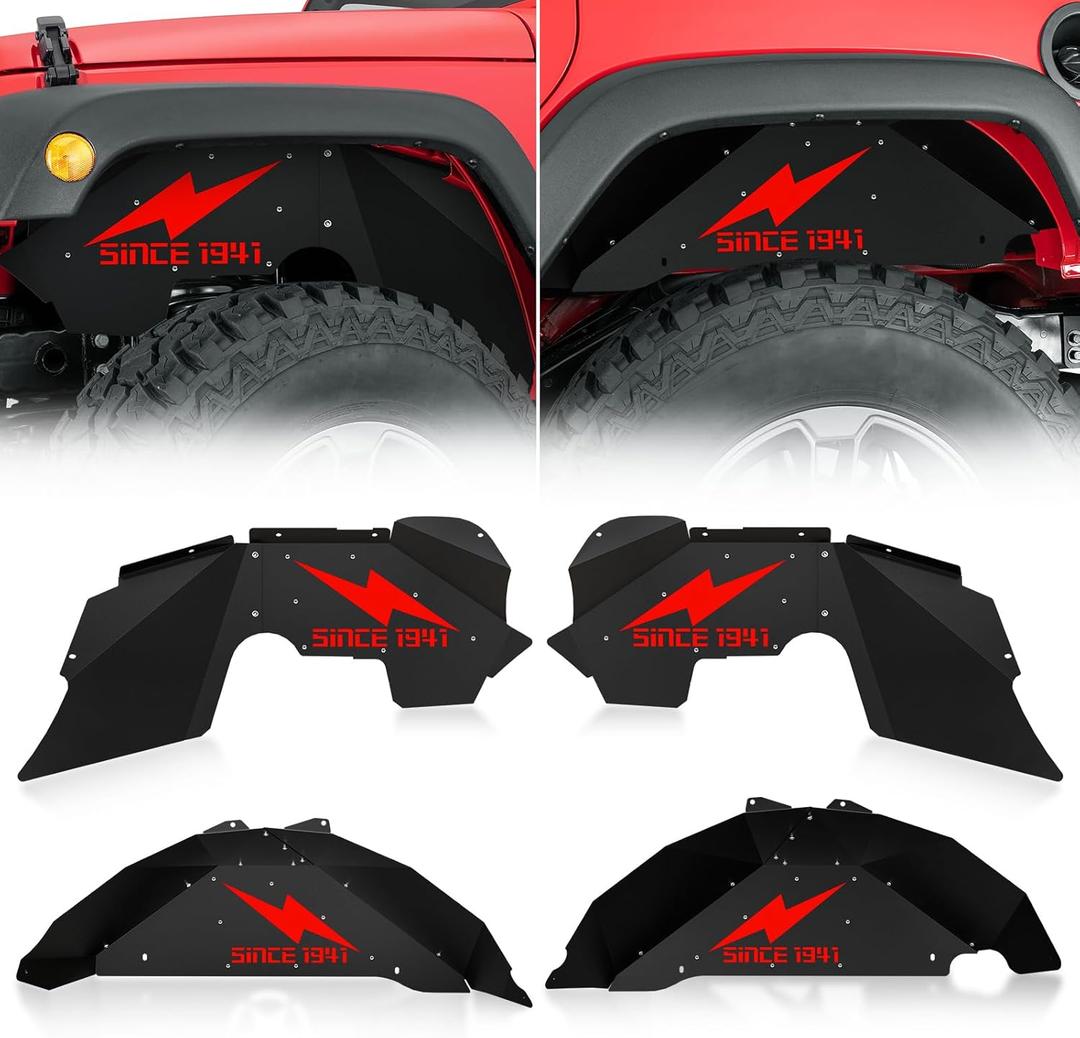 Front & Rear Inner Fender Liners Compatible with 2007-2018 Jeep Wrangler JK & JKU Unlimited Sport Sahara Rubicon, Steel Mud Guards Red Lightning Logo Wheel Well Cover Fenders Flares (2/4 Doors)