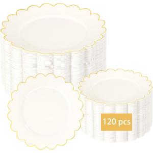 LIYH 120 Pcs Ivory Scalloped Plastic Plates Disposable - Ivory and Gold Plastic Plates - Gold Fancy Disposable Party Dinner & Dessert Plate for Wedding Birthday
