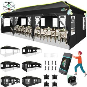 COBIZI 10x30 Pop Up Canopy Tent with 8 Removable Sidewalls, One Push Party Tent Outdoor Waterproof Event Canopy with Air Vent for Parties Commercial Wedding, 3 Height, Roller Bag, Sandbag, Black