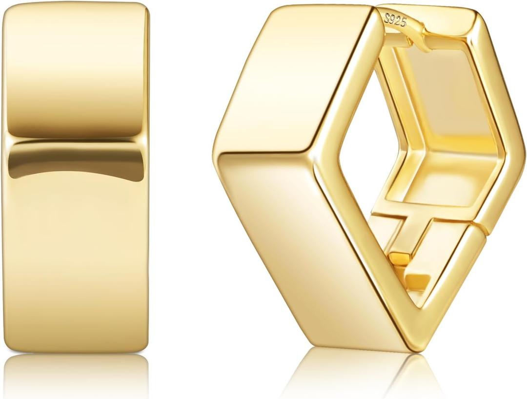 925 Sterling Silver 14k Gold Plated Chunky Huggie Hoop Earrings for Women - Small Square Hoops, Cute Thick Earrings, Trendy Jewelry Gifts