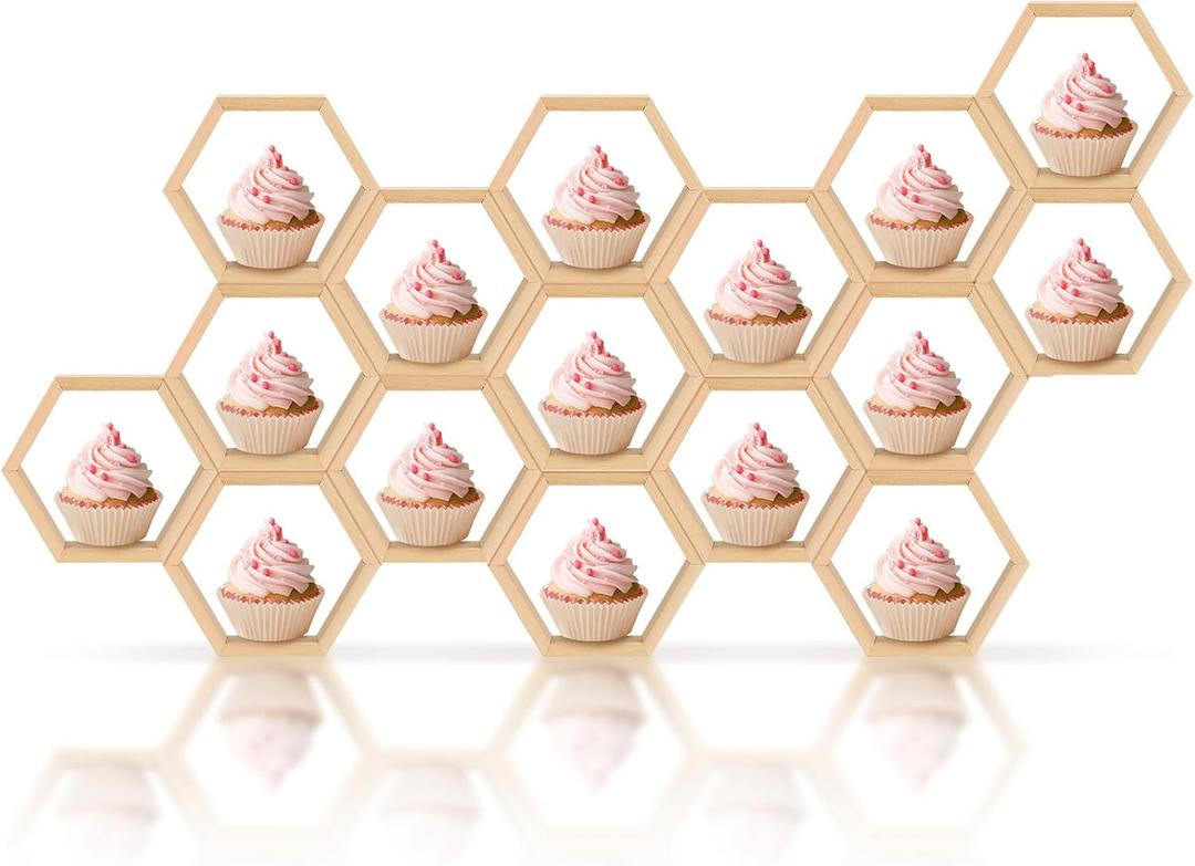 Huwena 16 Pcs Mini Honeycomb Cupcake Stand Wooden Hexagon Cake Display Holder Farmhouse Hexagonal Floating Table Sign for Baby Shower Birthday Party(Wood Color)