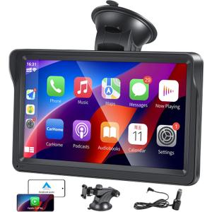 Car Play, Portable Wireless Carplay & Android Auto, Car Stereo Display, 7 Inch HD IPS Touch Screen, Car Radio with Bluetooth Hands-Free Calling/Mirror Link/GPS Navigation/USB/TF Card/AUX/FM