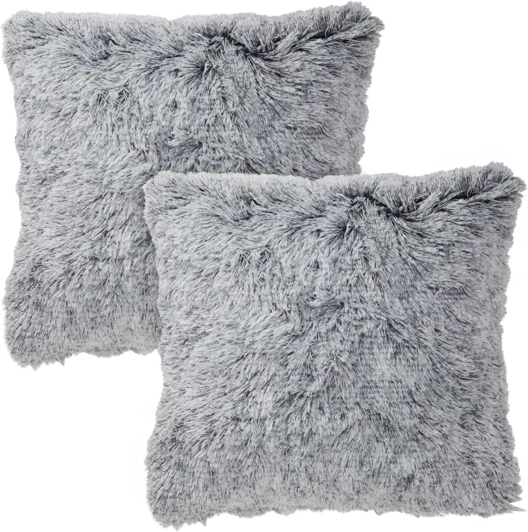 Juvale Faux Fur Throw Pillow Covers - Soft Fuzzy Faux Fur Texture - Machine Washable for Sofa Cushion Use - Hidden Zipper Fits 18-Inch Throw Pillows for Couch - 20 x 20 in, Pack of 2, Gray
