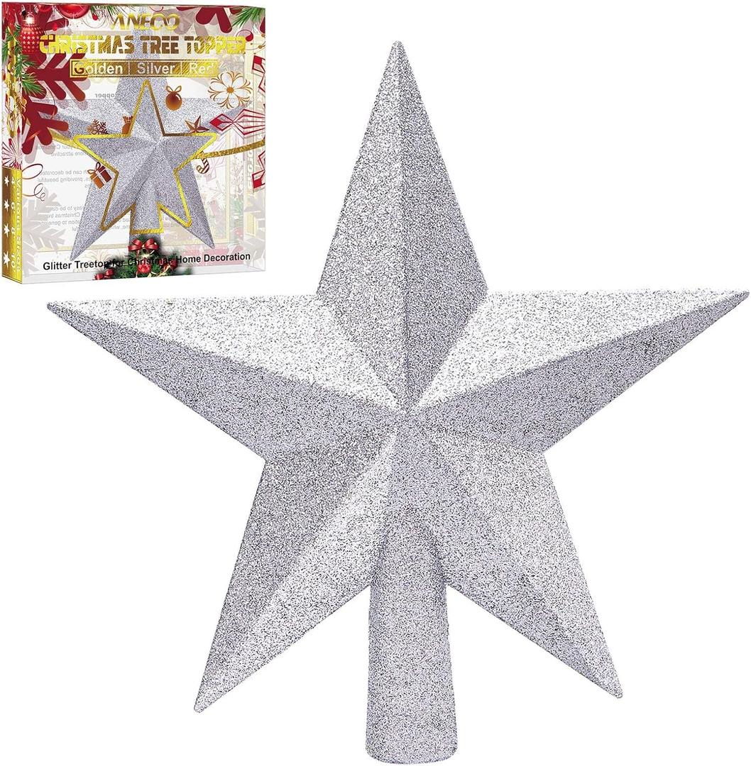 Aneco Silver Glitter Mini Christmas Tree Topper Shatter-Proof 10 Inch Large Christmas Tree Decoration Treetop for Holiday Ornament or Home Decor