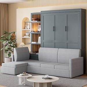 Ball & Cast Murphy Bed Queen Size Wall Chest with Sofa and Shelves, Wood Hideaway Cabinet Platform Bedframe w/ Slat Support, can be Folded, Space-Saving, for Small Room, Dorms, Gray