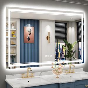 60x40 LED Bathroom Mirror with Lights, Backlit and Front Lit Anti-Fog Lighted Vanity Mirrors for Bathroom Wall, Dimmable, 3-Color Light, Memory, Shatter-Proof, HD Tempered Glass, CRI90