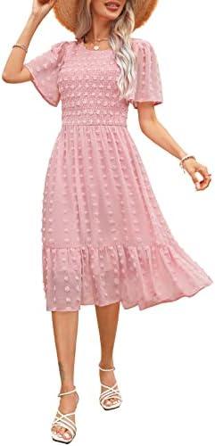 Annebouti Women's 2025 Summer Spring Wedding Guest Dresses Short Sleeve Casual Flowy Swiss Dot Smocked Midi Dress, S