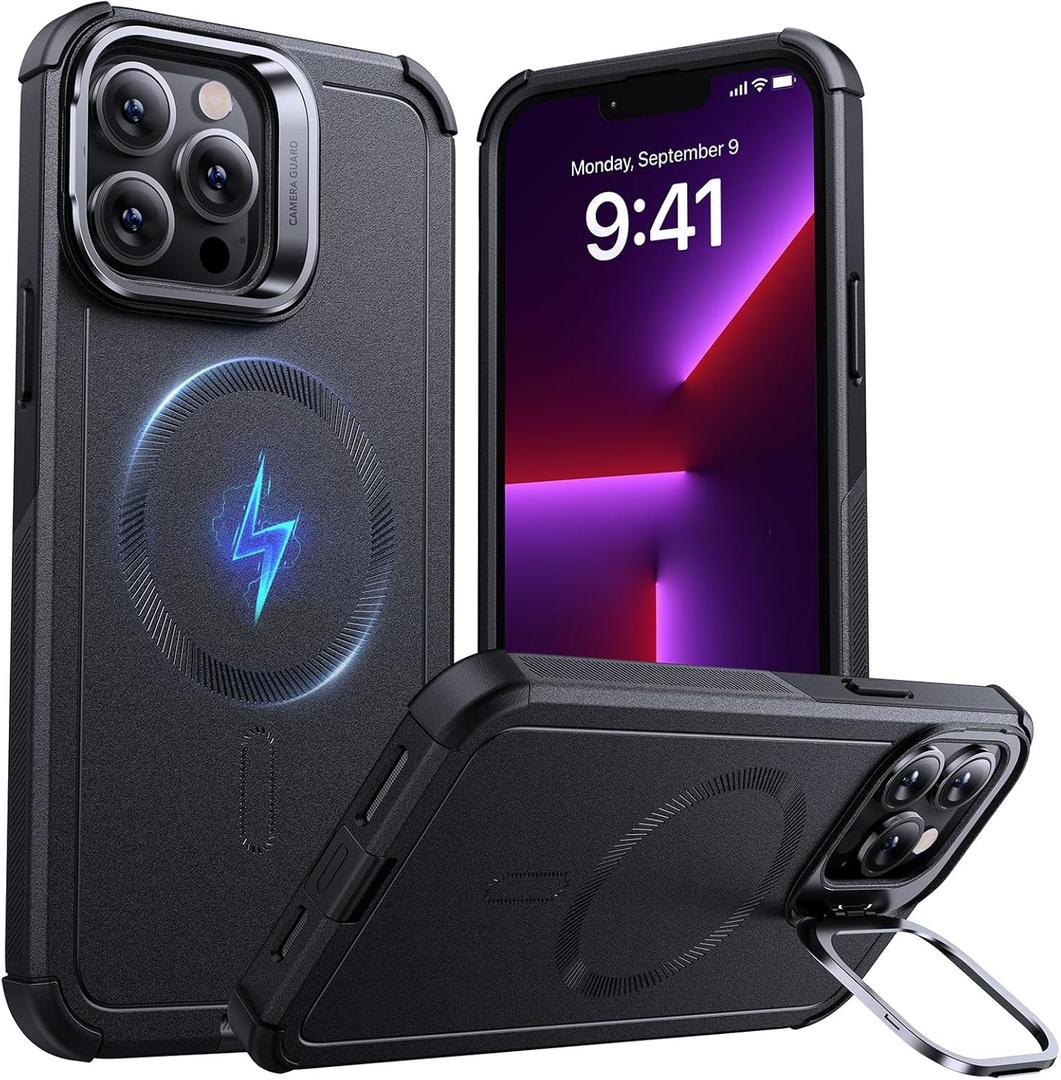 ESR for iPhone 13 Pro Case with Stand, 23 ft Military-Grade Drop Protection Heavy Duty Magnetic Phone Case, Compatible with MagSafe Accessories, Cyber Series, Black