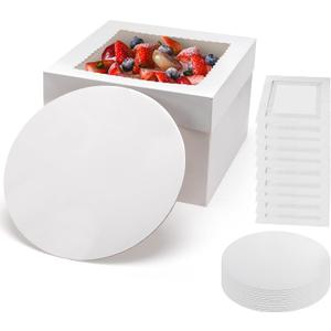 15Pcs 10x10x8 Inch Tall Cake Boxes with Clear Window & Cake Boards - Sturdy White Bakery Boxes with Scalloped Edge for Layer, Wedding, Birthday Cakes - Secure Transport for Professional & Home Bakers