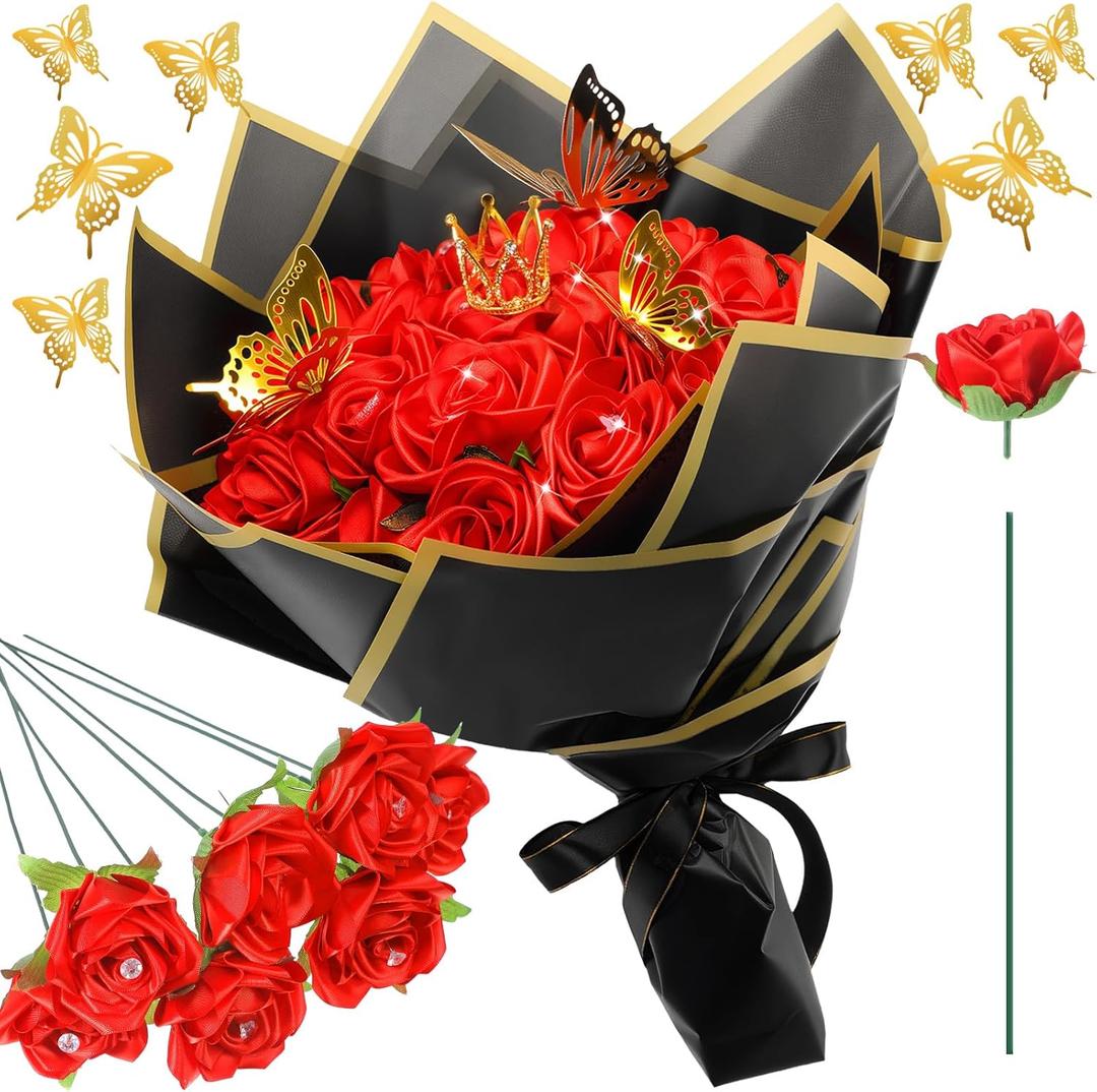 Riceshoot 25 Sets Ribbon Rose Bouquet DIY Fake Roses with Stems Faux Flowers Bouquet Kit Wrapping Paper Crown 3D Butterflies for Graduation Anniversary Birthday Wedding Gift(Red)