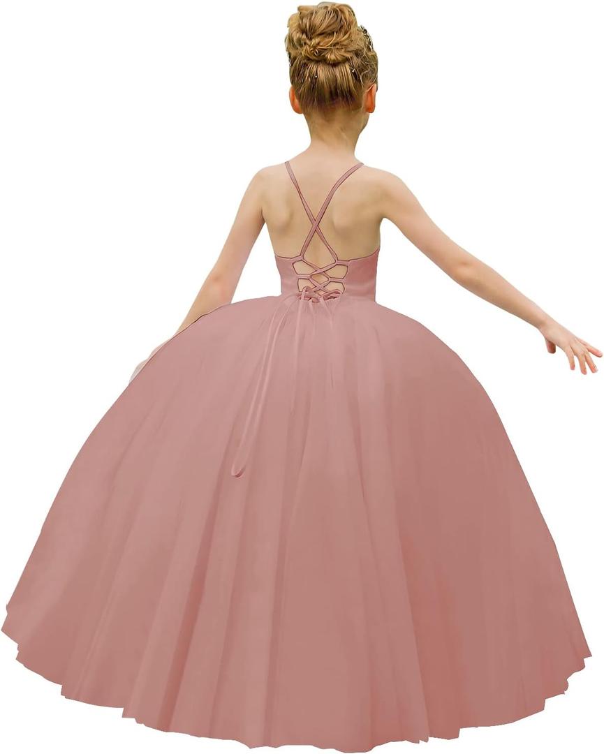 Flower Girl Dress Crossed Straps Lace Wedding Dresses Party Bridesmaid Ball Gown (Pink)