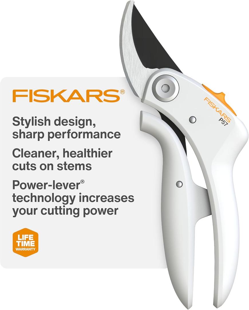 Fiskars Bypass Pruner with PowerLever, Lightweight Garden Shears, White