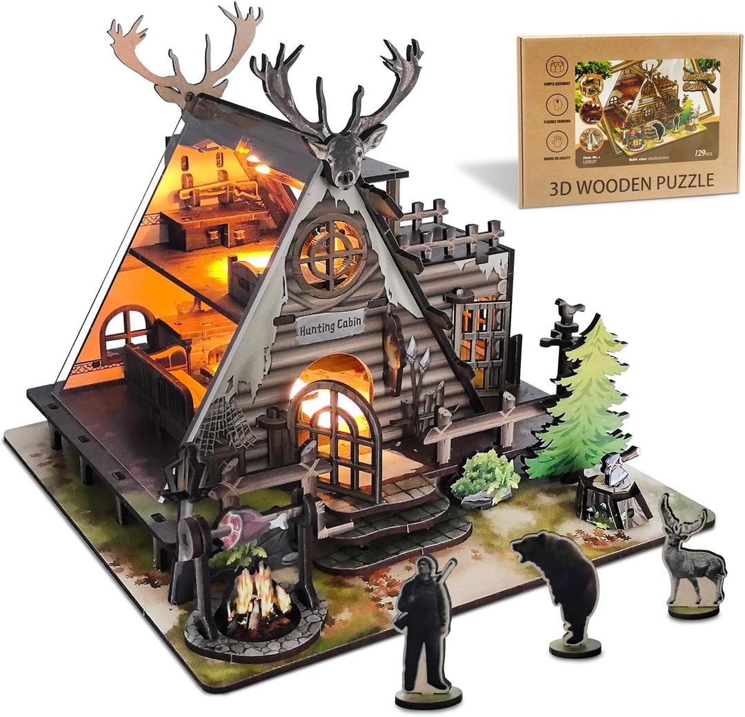 DIY Miniature House Kit,Hunting Cabin House Kit with Furniture Retro Creative Room with LED 3D Wooden Puzzles Crafts Model Building Kit Decor Adults Teens Birthday