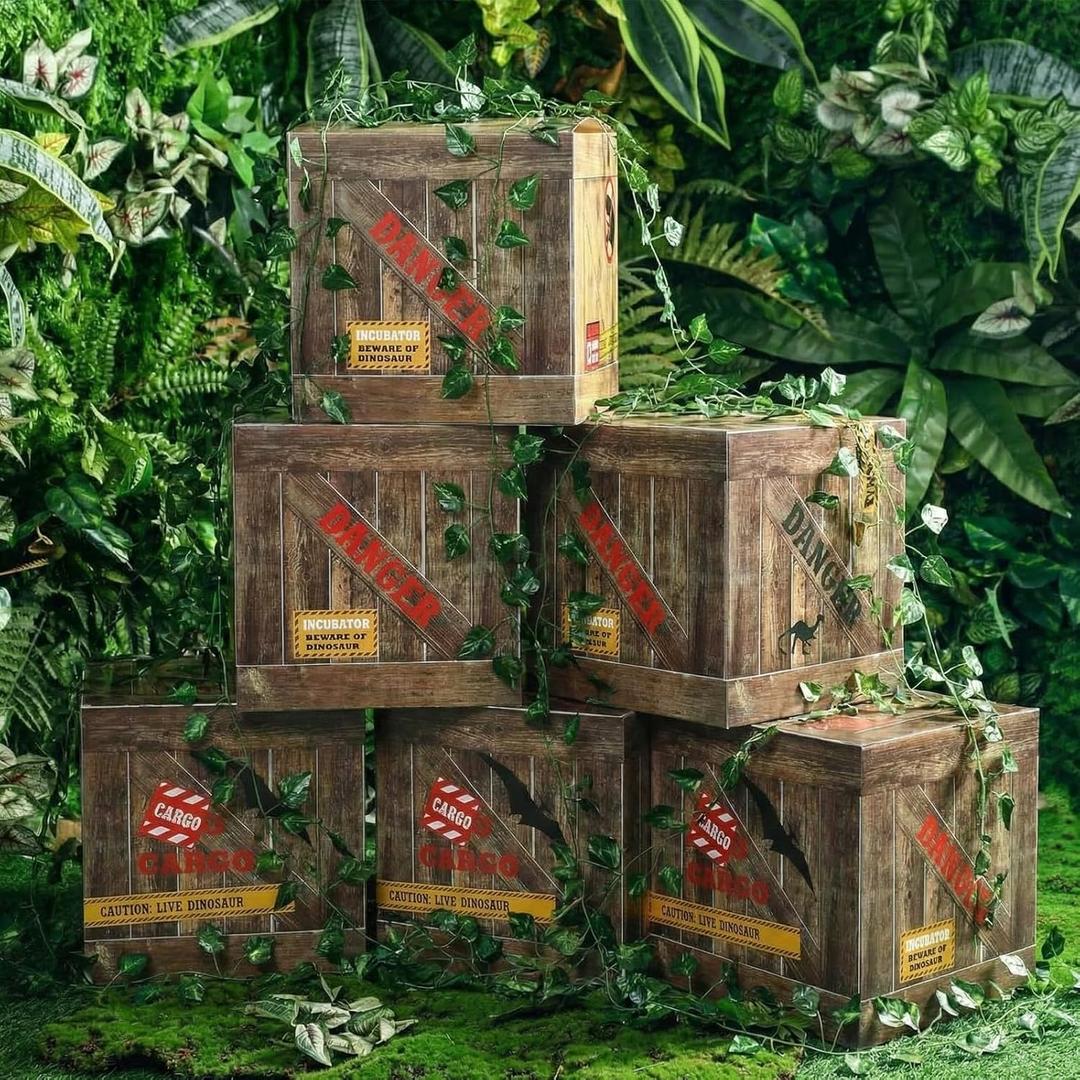 Bucherry 6 Pcs Dinosaur Party Decorations 12 x 12 x 12 Inch Dinosaur Theme Boxes Decor Boxes Table Centerpieces for Dino Birthday Party Supplies Baby Shower Decorations (Dark Brown)