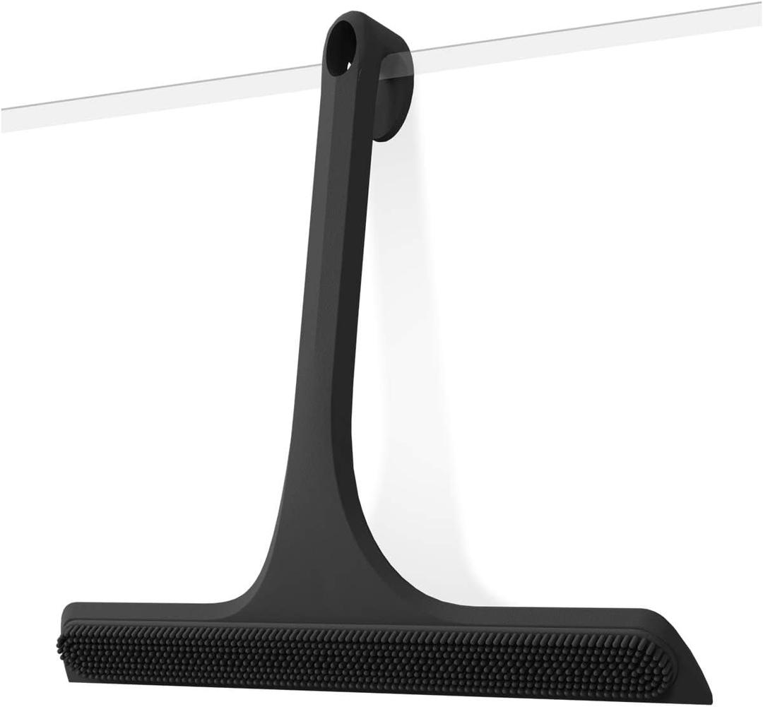 2-in-1 Silicone Shower Squeegee with Hook,Dual-Sided Design with Scraper & Scrub Surface,Rust-Proof Stainless Core,Streak-Free Bathroom Squeegee for Glass Doors,Mirrors,Windows,Car Windshields (Black)