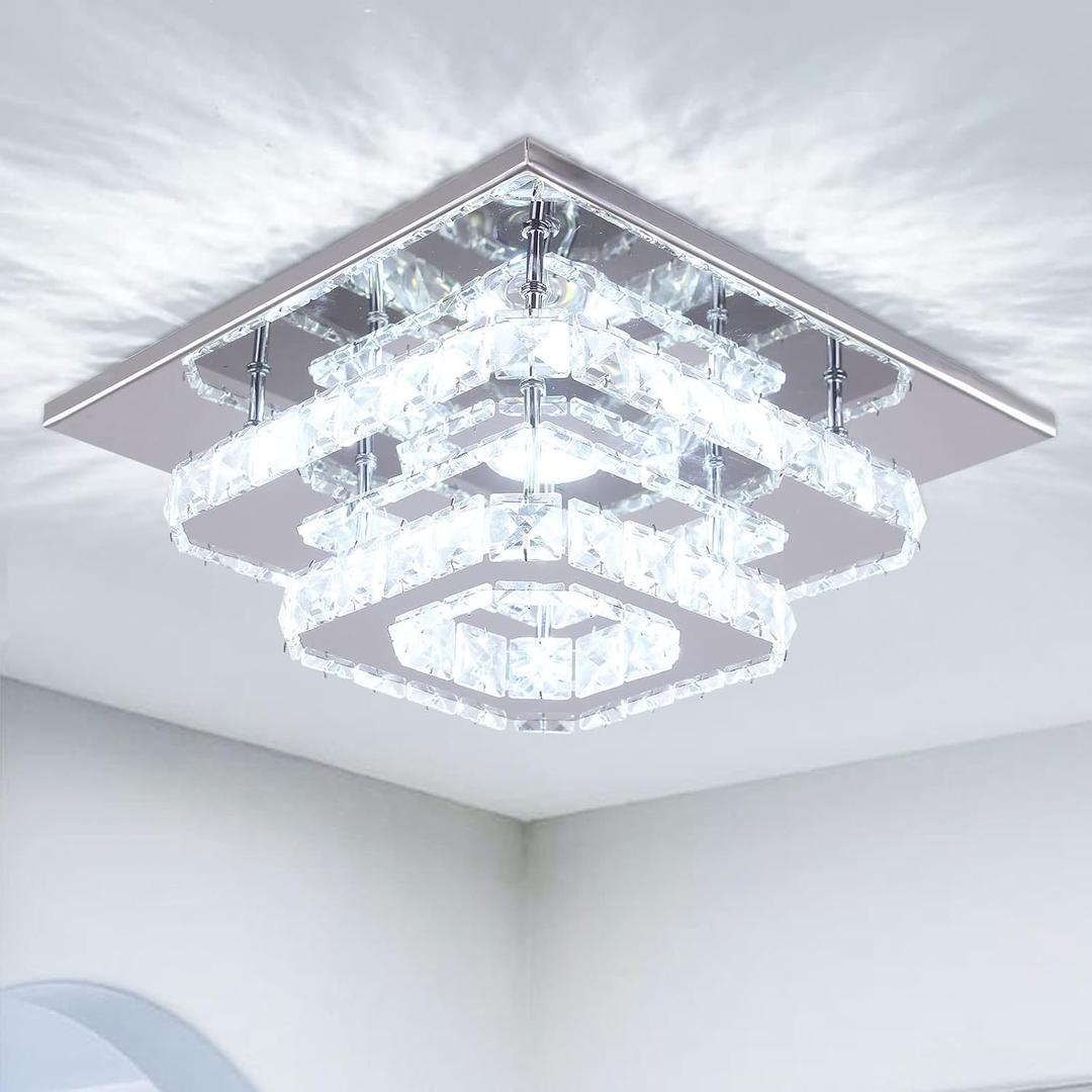 Mini Chandelier LED Crystal Ceiling Light 2 Layers Flush Mount Ceiling Light Modern Chandelier Lighting for Hallway Staircase Kitchen Bathroom (Cool White)