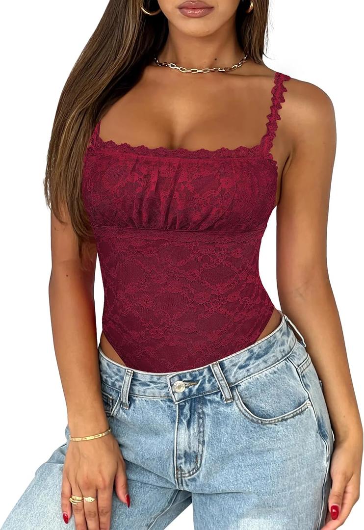 Saslax Women's Sexy Square Neck Lace Sleeveless Bodysuit Tank Tops Double Lined Body Suit Thong Outfits (Red, S)