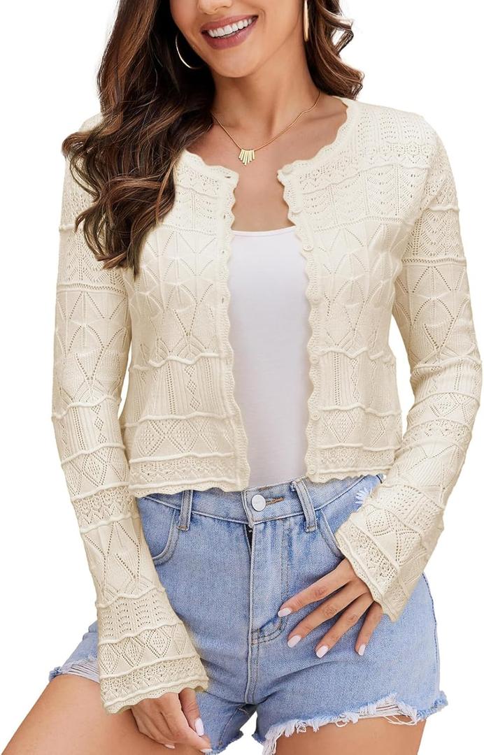 FAIRY SEASON Women's Cropped Cardigan Sweater Bell Long Sleeve Lightweight Crochet Button Down Knit Bolero Shrugs for Dresses (Small)