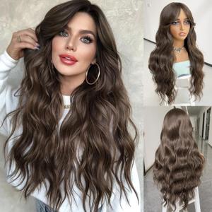 LEOSA Dark Brown Wig,26 Inch Long Wavy Chocolate Brown Layered Wig with Curtain Bangs for Women Synthetic Natural Looking Middle Part Hair Wig for Daily Party,Dark Brown