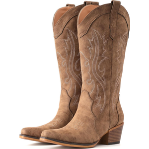 IUV Cowboy Boots For Women Western Cowgirl Boots with Chunky Heel Mid Calf Snip Toe Ideal for low insteps
 (8, Camel)